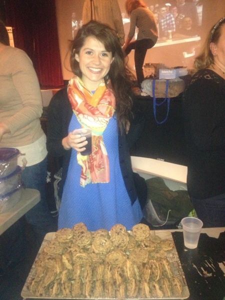 Drinking vino while working the table at the Brooklyn Cookie Takedown